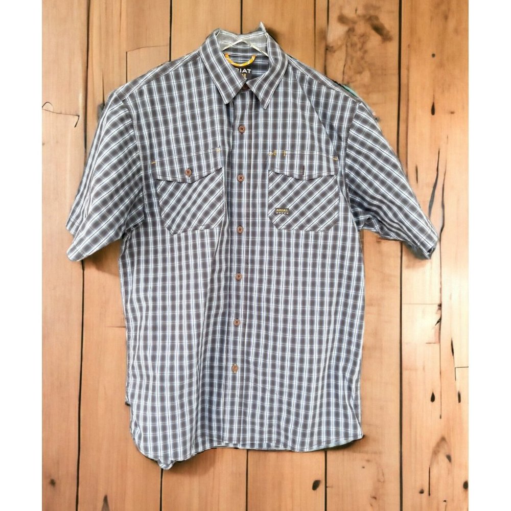 Ariat Men's Shirt Stonewash Blue Button Check Rebar Short Sleeve Woven Size Med